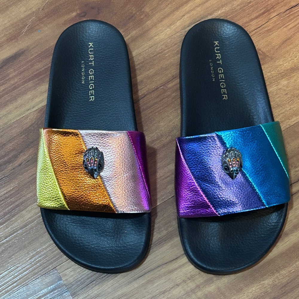 Kurt Geiger Iridescent Rainbow Stripe Slide Sandals